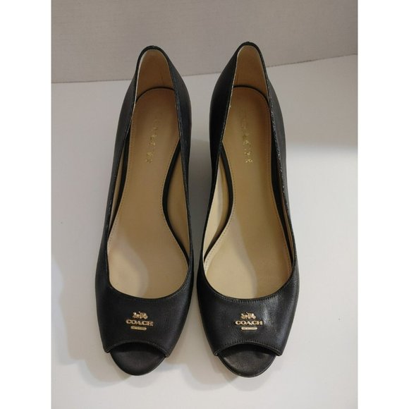 Coach Shoes - Coach Gala Semi Matte Open Toe Black Slip-On Leather Wedge Heels W/Gold Sz 9 B